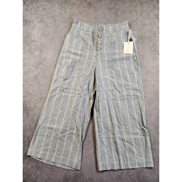 Lauren Conrad Linen Pants Womens Size Small Blue Striped Wide Leg Button New NWT - Picture 1 of 11